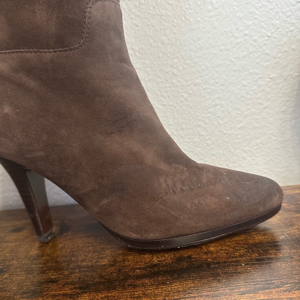 Cole Haan Dark Brown Suede Knee-High Heeled Boots with Gold Buckle - Picture 9 of 16